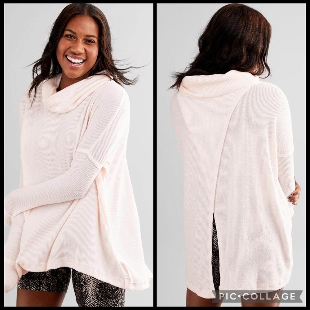 We The Free (Free People) Oversize Waffle Juicy Pink Cowl Neck Sweater Sz Medium